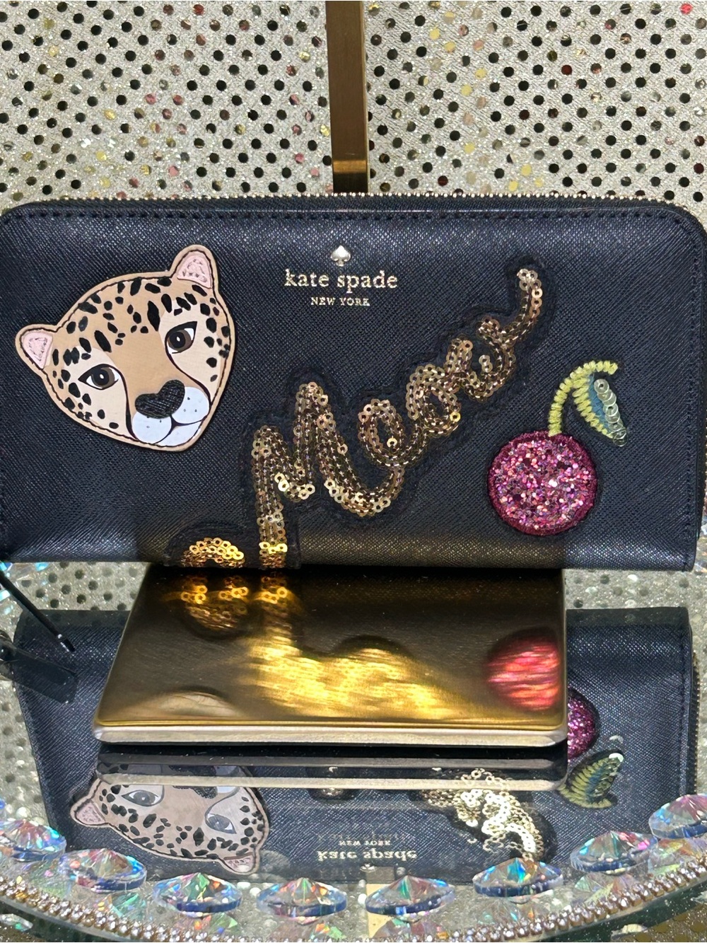 kate spade Black Leopard & Cherry Sequin Zip Wallet Approximately 8 x 4